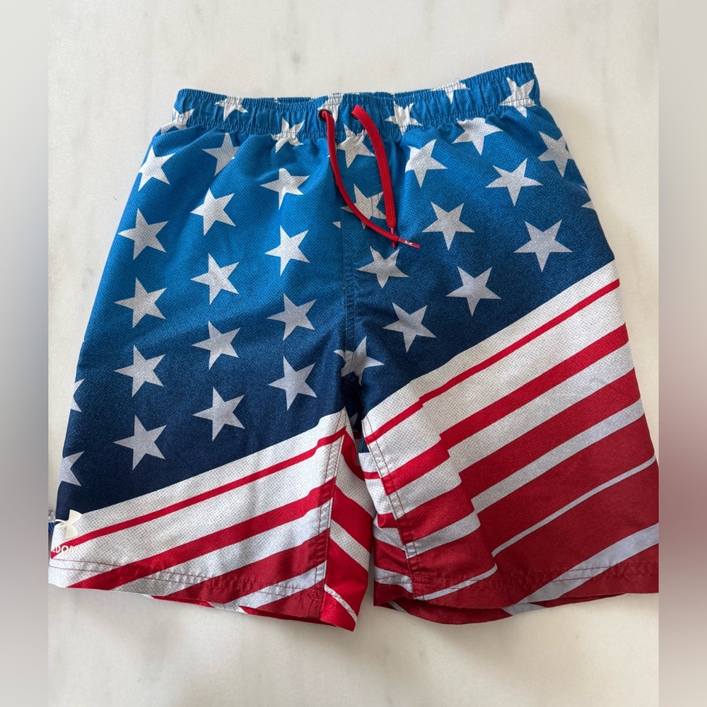 UA Freedom Patriotic Blue and Red Boys XL Swim Shorts